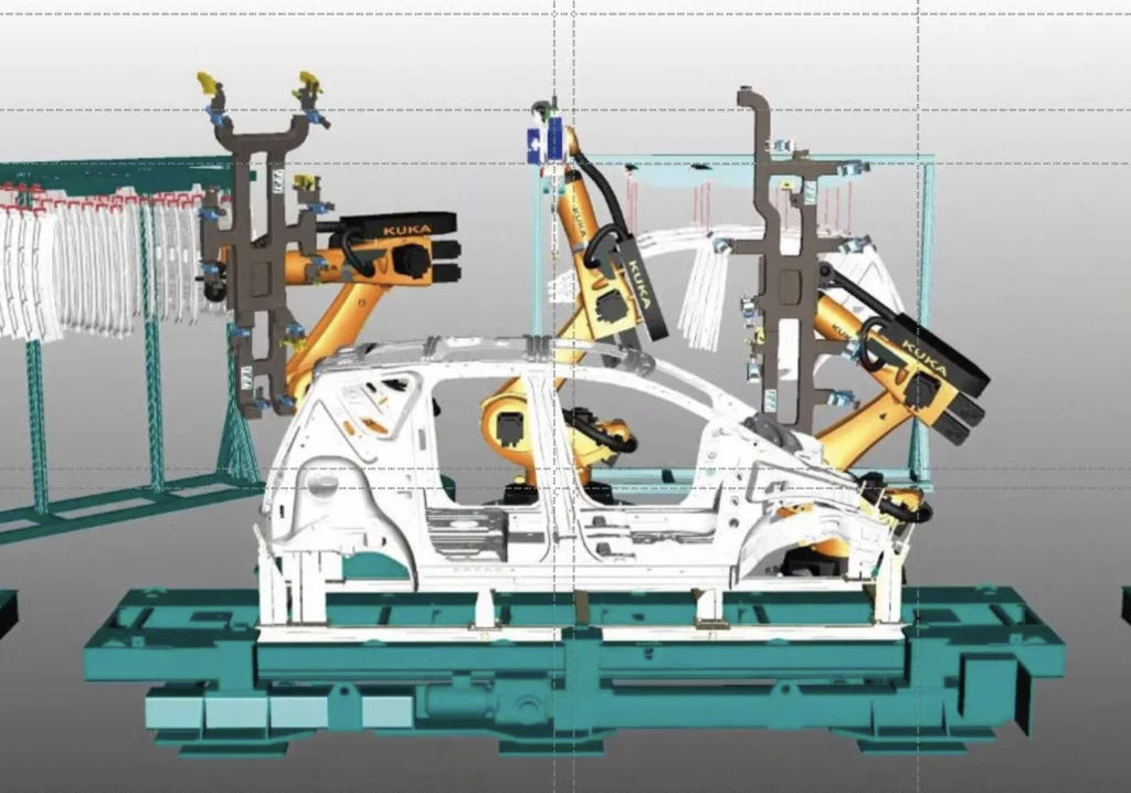 A virtual schematic of an car in production 